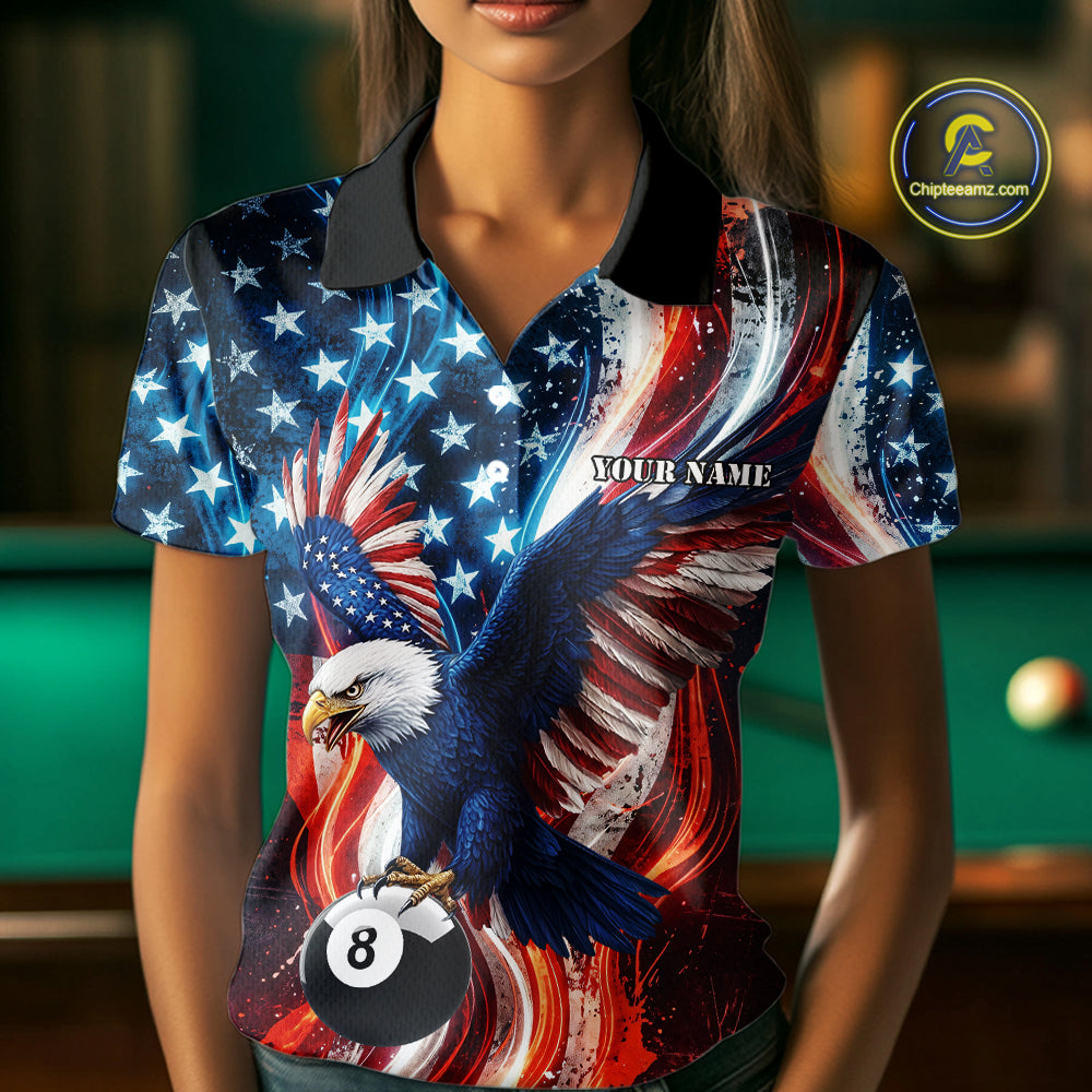 Women Splatter American Flag Eagle 8 Ball Pool Billiard Shirts Custom Patriotic Billiard Team Jersey NYN4201