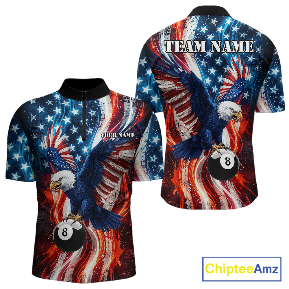 Mens Splatter American Flag Eagle 8 Ball Pool Billiard Shirts Custom Patriotic Billiard Team Jersey NYN4201