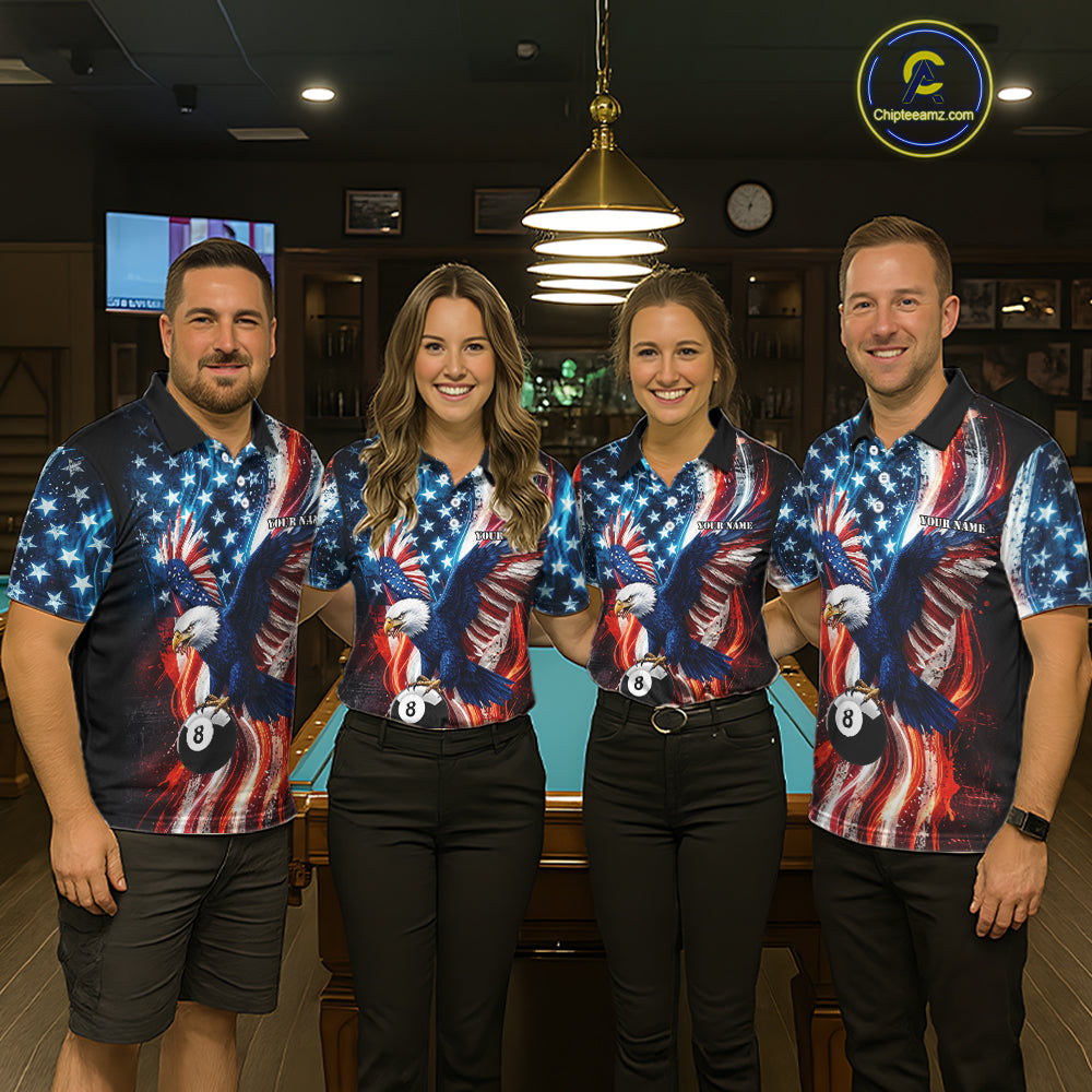 Women Splatter American Flag Eagle 8 Ball Pool Billiard Shirts Custom Patriotic Billiard Team Jersey NYN4201