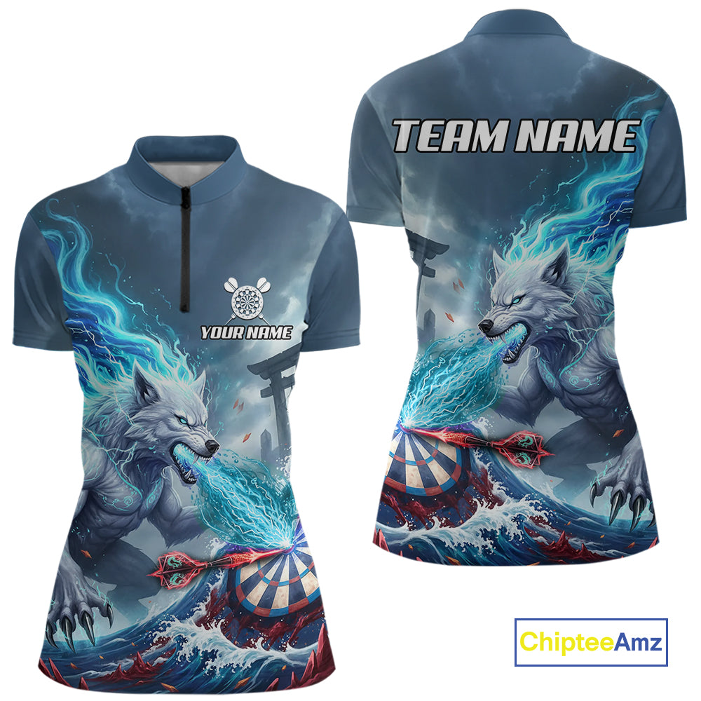Custom Red & Blue Flames Wolf Dartboard Dart Women Quarter-Zip Jerseys Outfits Dart Team Shirts NYN1751
