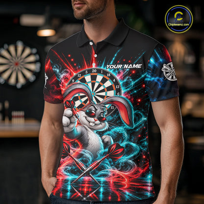 Personalized Cool Rabbit Darts Polo 1/4-Zip Shirt For Men Red Blue Fire Smoke Dartboard Darts Jersey NYN4964