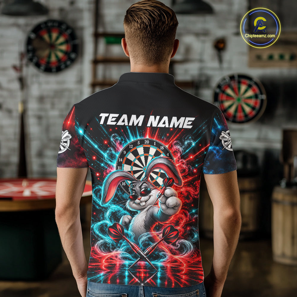 Personalized Cool Rabbit Darts Polo 1/4-Zip Shirt For Men Red Blue Fire Smoke Dartboard Darts Jersey NYN4964