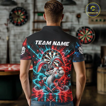 Personalized Cool Rabbit Darts Polo 1/4-Zip Shirt For Men Red Blue Fire Smoke Dartboard Darts Jersey NYN4964