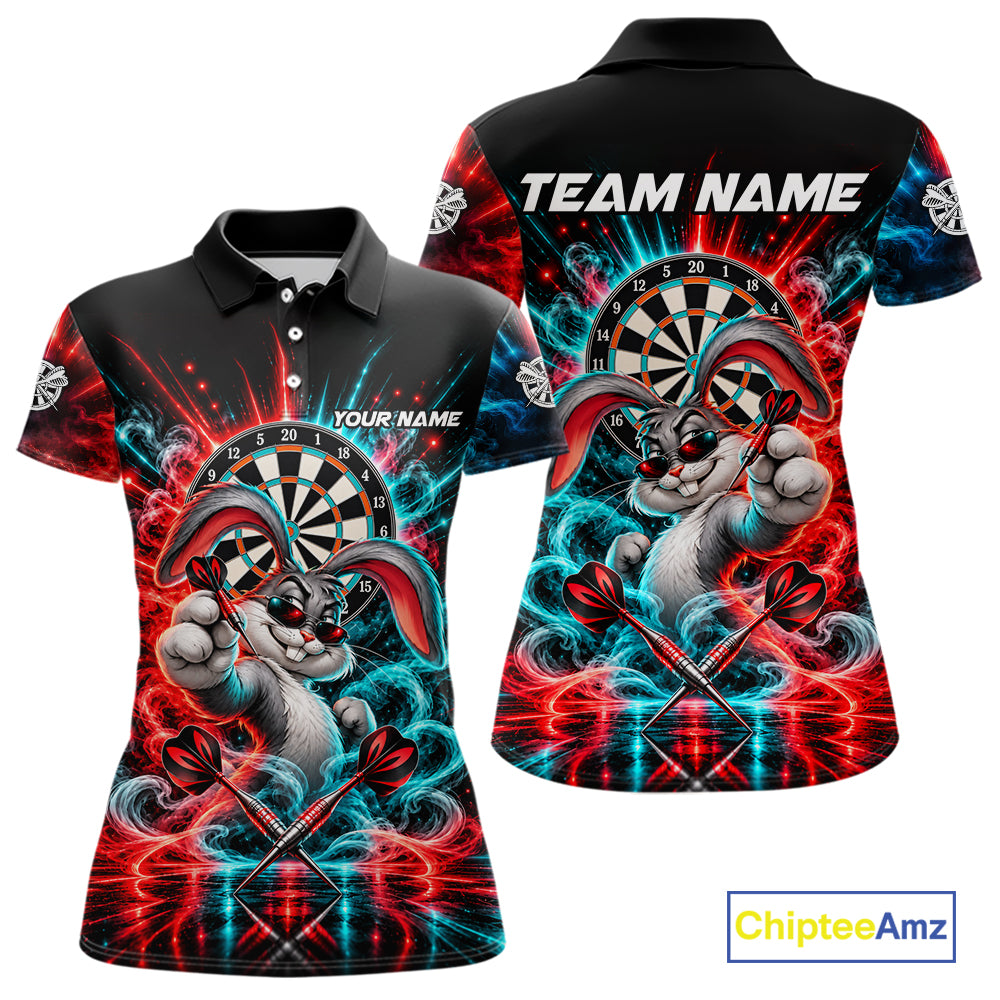 Personalized Cool Rabbit Darts Polo 1/4-Zip Shirt For Women Red Blue Fire Smoke Dartboard Darts Jersey NYN4964
