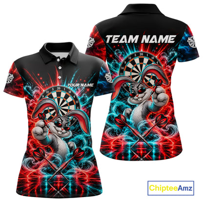 Personalized Cool Rabbit Darts Polo 1/4-Zip Shirt For Women Red Blue Fire Smoke Dartboard Darts Jersey NYN4964