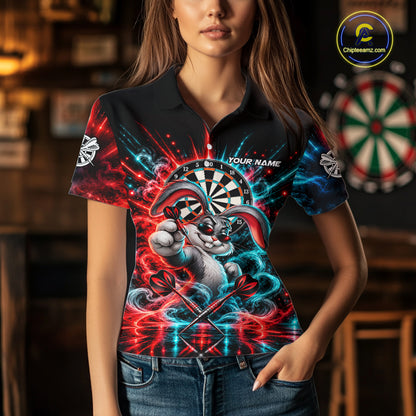 Personalized Cool Rabbit Darts Polo 1/4-Zip Shirt For Women Red Blue Fire Smoke Dartboard Darts Jersey NYN4964