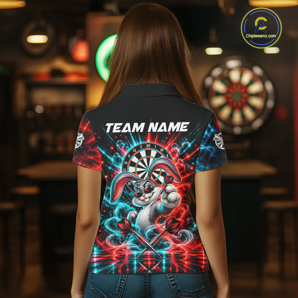 Personalized Cool Rabbit Darts Polo 1/4-Zip Shirt For Women Red Blue Fire Smoke Dartboard Darts Jersey NYN4964