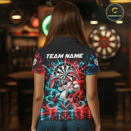 Personalized Cool Rabbit Darts Polo 1/4-Zip Shirt For Women Red Blue Fire Smoke Dartboard Darts Jersey NYN4964