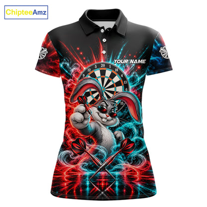 Personalized Cool Rabbit Darts Polo 1/4-Zip Shirt For Women Red Blue Fire Smoke Dartboard Darts Jersey NYN4964