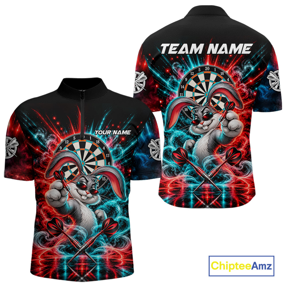 Personalized Cool Rabbit Darts Polo 1/4-Zip Shirt For Men Red Blue Fire Smoke Dartboard Darts Jersey NYN4964