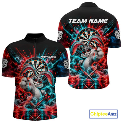 Personalized Cool Rabbit Darts Polo 1/4-Zip Shirt For Men Red Blue Fire Smoke Dartboard Darts Jersey NYN4964