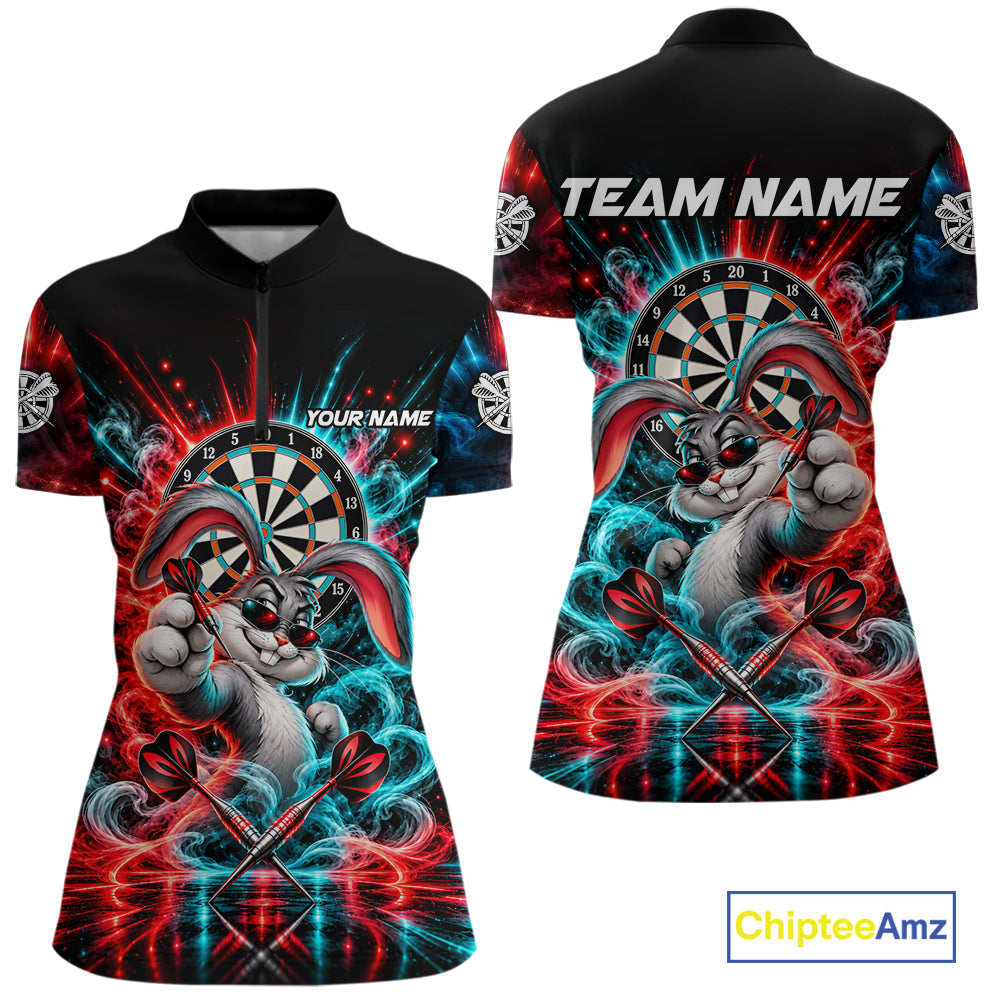 Personalized Cool Rabbit Darts Polo 1/4-Zip Shirt For Women Red Blue Fire Smoke Dartboard Darts Jersey NYN4964