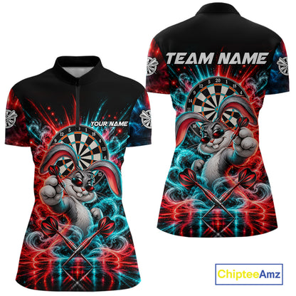 Personalized Cool Rabbit Darts Polo 1/4-Zip Shirt For Women Red Blue Fire Smoke Dartboard Darts Jersey NYN4964