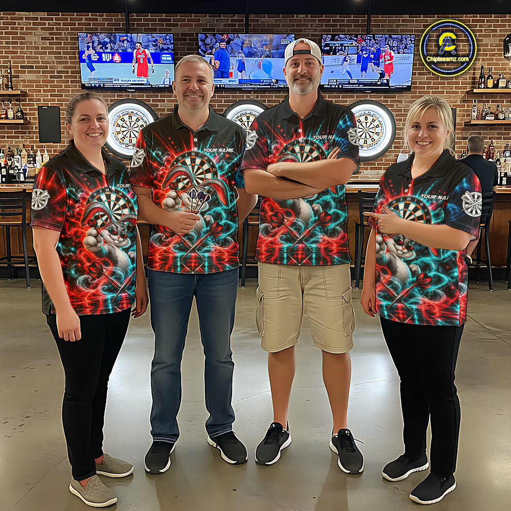 Personalized Cool Rabbit Darts Polo 1/4-Zip Shirt For Women Red Blue Fire Smoke Dartboard Darts Jersey NYN4964