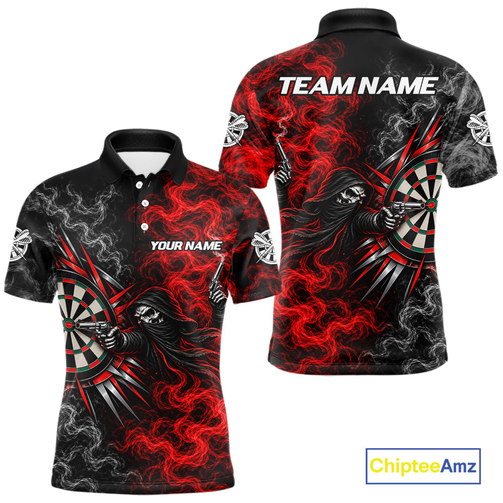 Personalized Grim Reaper Darts Polo 1/4-Zip Shirt For Men Custom Red White Smoke Darts Team Jersey NYN4967