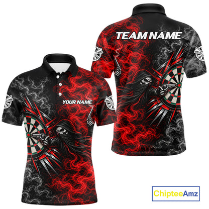 Personalized Grim Reaper Darts Polo 1/4-Zip Shirt For Men Custom Red White Smoke Darts Team Jersey NYN4967