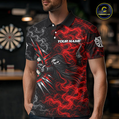 Personalized Grim Reaper Darts Polo 1/4-Zip Shirt For Men Custom Red White Smoke Darts Team Jersey NYN4967