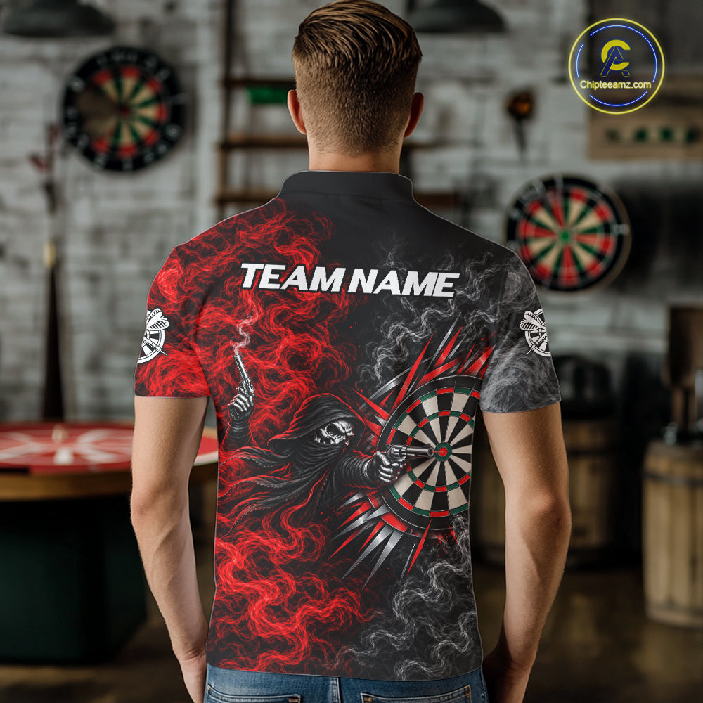 Personalized Grim Reaper Darts Polo 1/4-Zip Shirt For Men Custom Red White Smoke Darts Team Jersey NYN4967