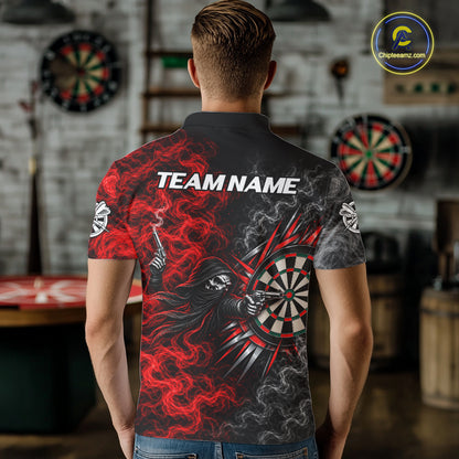 Personalized Grim Reaper Darts Polo 1/4-Zip Shirt For Men Custom Red White Smoke Darts Team Jersey NYN4967