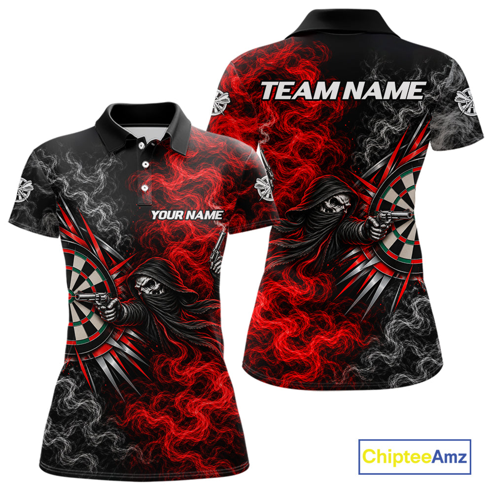 Personalized Grim Reaper Darts Polo 1/4-Zip Shirt For Women Custom Red White Smoke Darts Team Jersey NYN4967