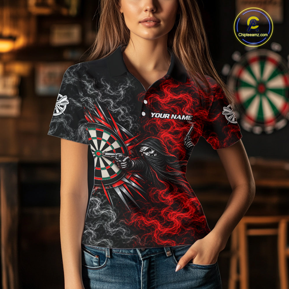 Personalized Grim Reaper Darts Polo 1/4-Zip Shirt For Women Custom Red White Smoke Darts Team Jersey NYN4967