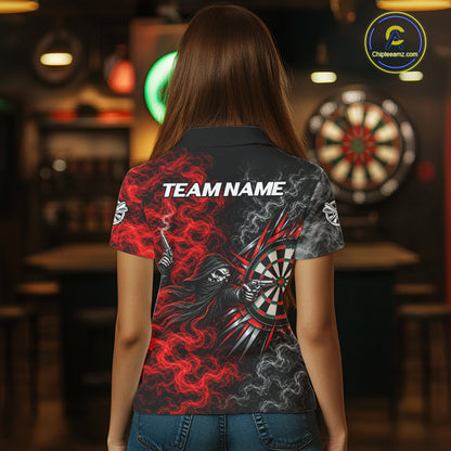 Personalized Grim Reaper Darts Polo 1/4-Zip Shirt For Women Custom Red White Smoke Darts Team Jersey NYN4967