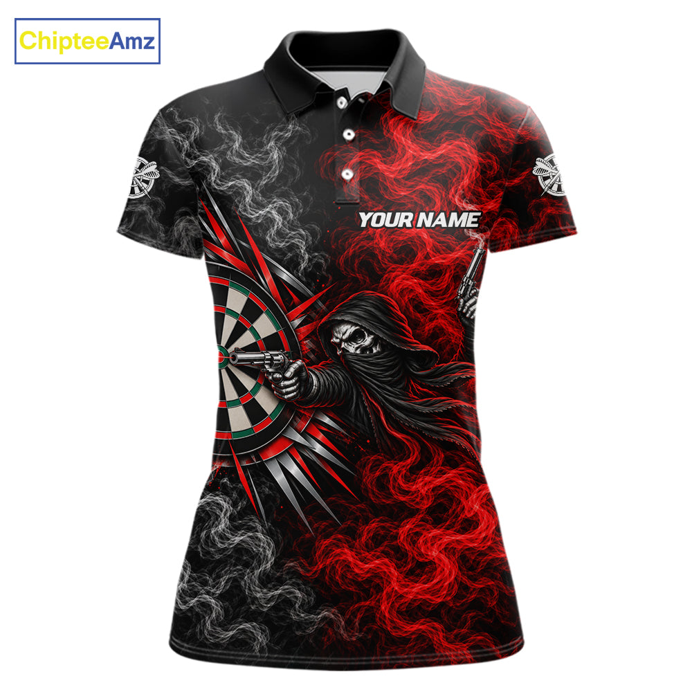 Personalized Grim Reaper Darts Polo 1/4-Zip Shirt For Women Custom Red White Smoke Darts Team Jersey NYN4967
