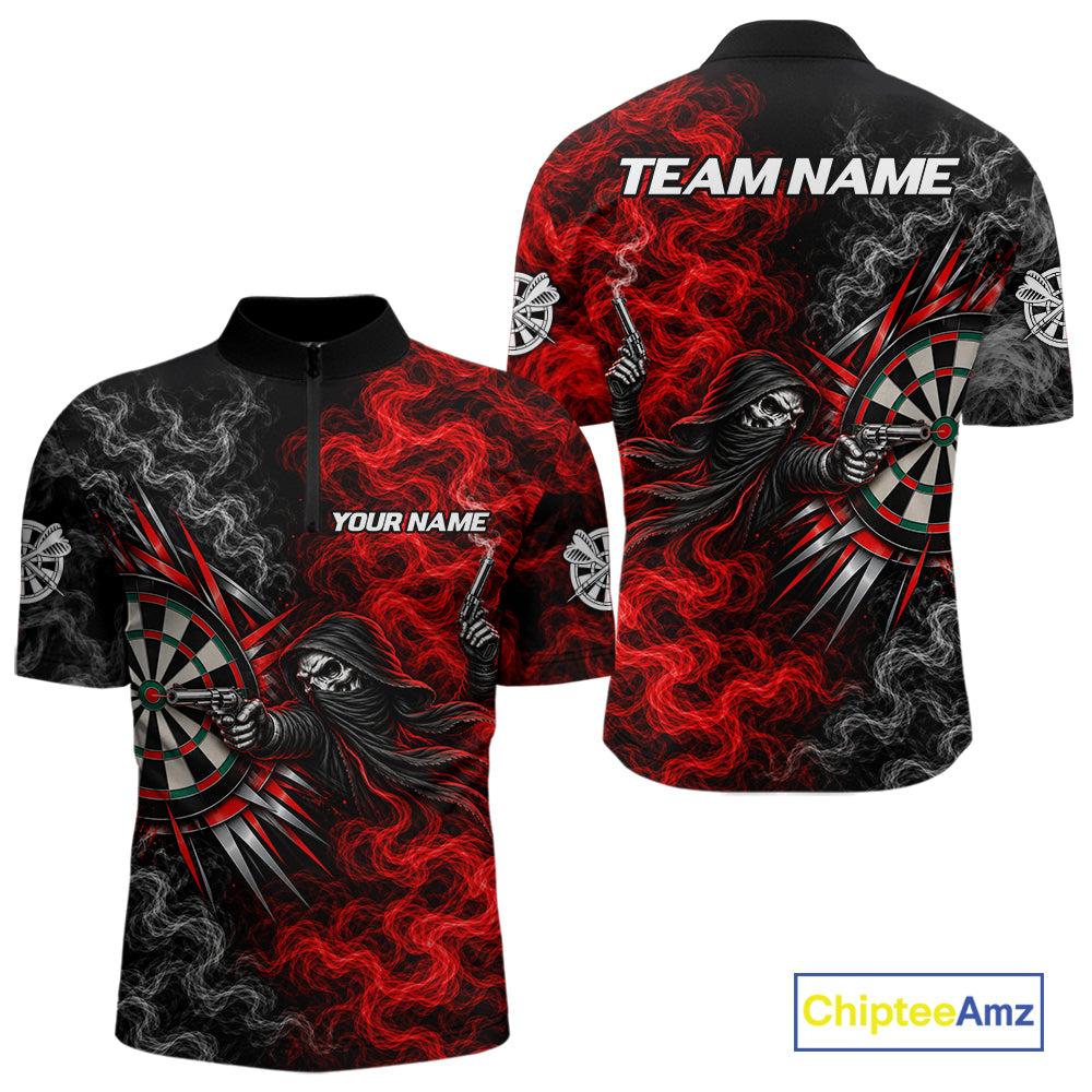 Personalized Grim Reaper Darts Polo 1/4-Zip Shirt For Men Custom Red White Smoke Darts Team Jersey NYN4967