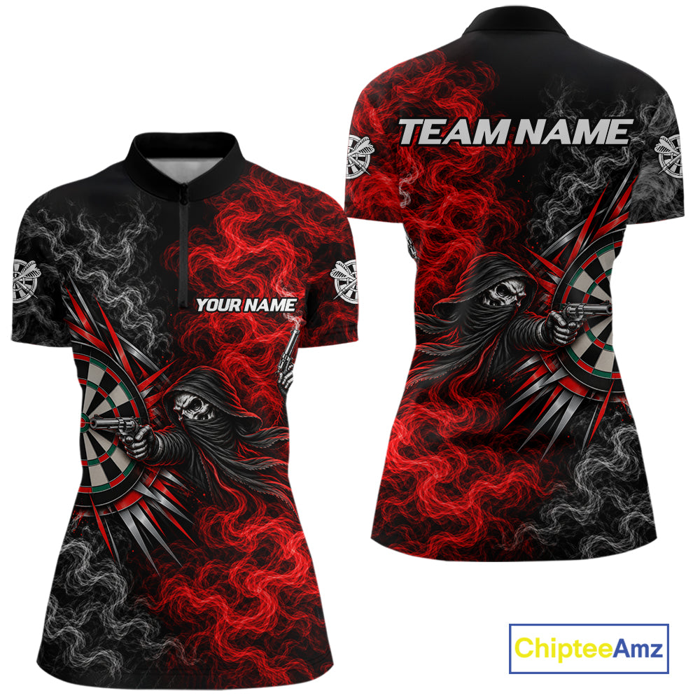 Personalized Grim Reaper Darts Polo 1/4-Zip Shirt For Women Custom Red White Smoke Darts Team Jersey NYN4967