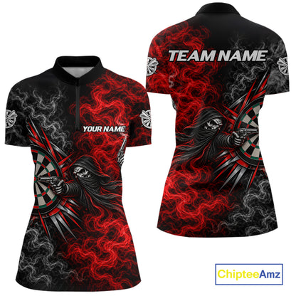 Personalized Grim Reaper Darts Polo 1/4-Zip Shirt For Women Custom Red White Smoke Darts Team Jersey NYN4967
