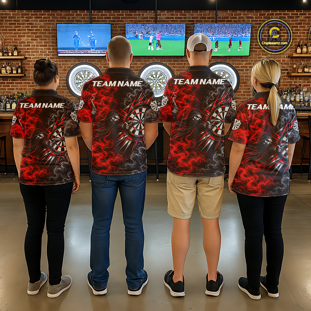 Personalized Grim Reaper Darts Polo 1/4-Zip Shirt For Men Custom Red White Smoke Darts Team Jersey NYN4967