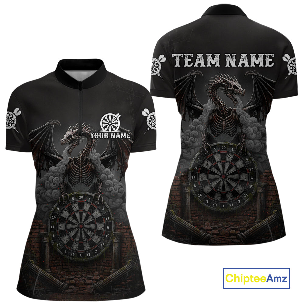Skeleton Dragon Grey Smokes Cracked Darts League Shirt Custom Dragon Women 1/4-Zip Darts Jersey NYN2039