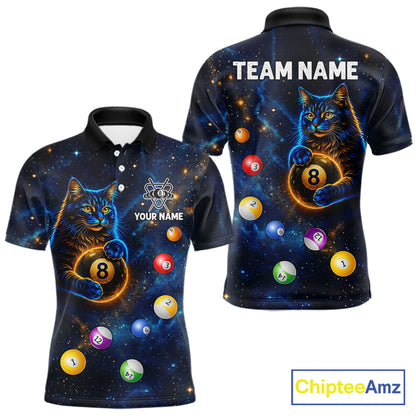 Funny Cat Galaxy Custom 8 Ball Billiard Polo & 1/4-Zip Shirt For Men Blue Billiard Team Jersey NYN3132