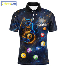 Load image into Gallery viewer, Funny Cat Galaxy Custom 8 Ball Billiard Polo &amp; 1/4-Zip Shirt For Men Blue Billiard Team Jersey NYN3132