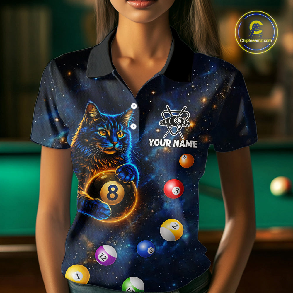 Funny Cat Galaxy Custom 8 Ball Billiard Polo & 1/4-Zip Shirt For Women Blue Billiard Team Jersey NYN3132
