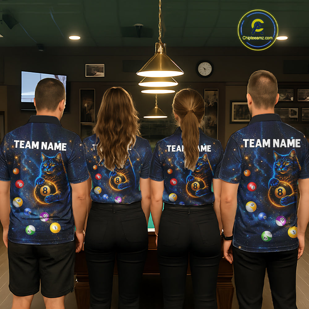 Funny Cat Galaxy Custom 8 Ball Billiard Polo & 1/4-Zip Shirt For Women Blue Billiard Team Jersey NYN3132