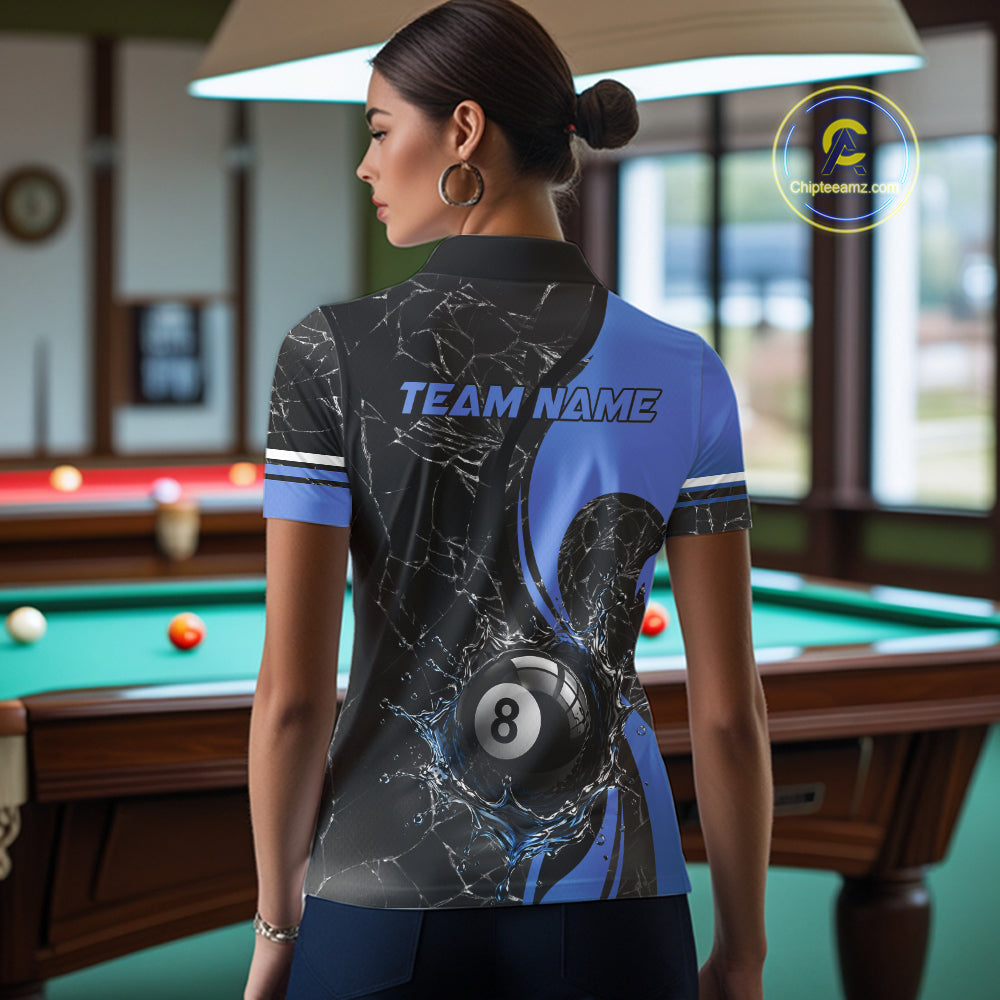 Blue Watering 8 Ball Pool Billiard Shirts For Women Custom Broken Glass Billiard Team Jersey NYN3136