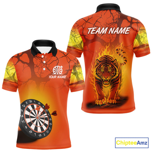 Flaming Tiger Orange Pattern Dartboard Darts Shirt For Men - Custom Name NYN0357