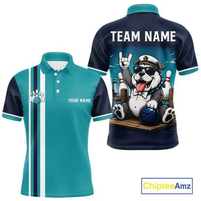 Personalized Funny Bulldog Men's Bowling Polo Shirt, Custom Name Bowling League Jersey, Athletic Performance Apparel