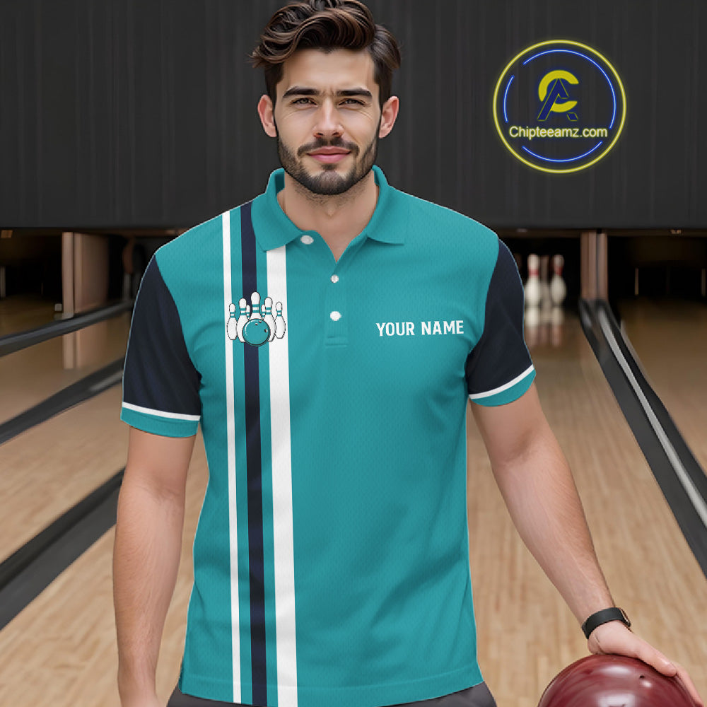 Male model wearing personalized Bulldog bowling polo, custom bowling jersey, league competition