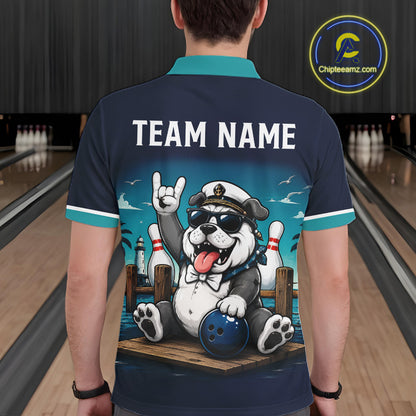 Male model wearing personalized Bulldog bowling polo, custom bowling jersey, league competition