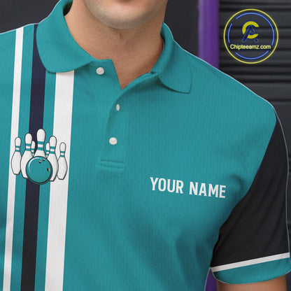 Male model wearing personalized Bulldog bowling polo, custom bowling jersey, league competition