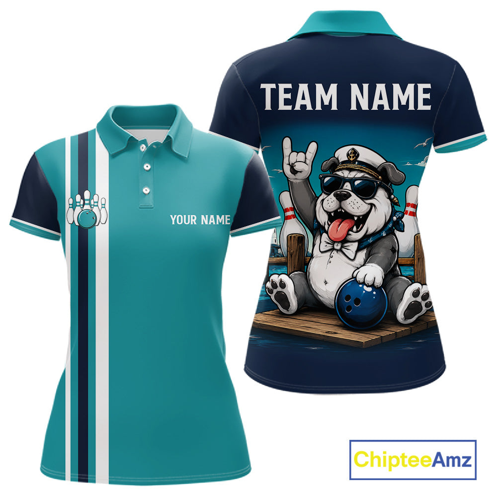 Personalized Funny Bulldog Women's Bowling Polo Shirt, Custom Name Bowling Team Jersey, Dog Lover League Apparel, Performance Polo, Bowling Gift