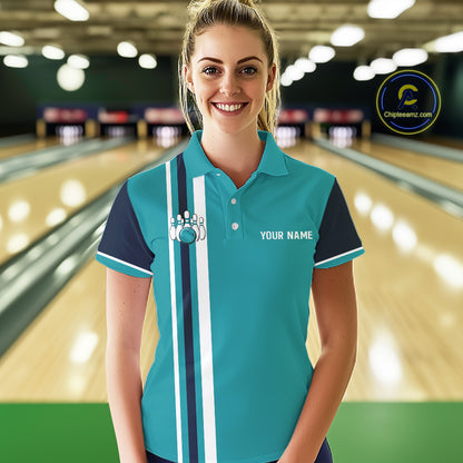 Female model wearing personalized Bulldog bowling polo, custom name sportswear, dog lover lifestyle