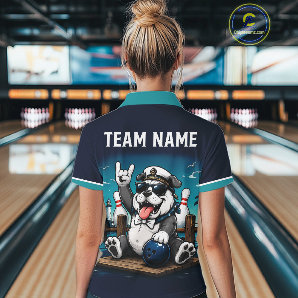 Female model wearing personalized Bulldog bowling polo, custom name sportswear, dog lover lifestyle