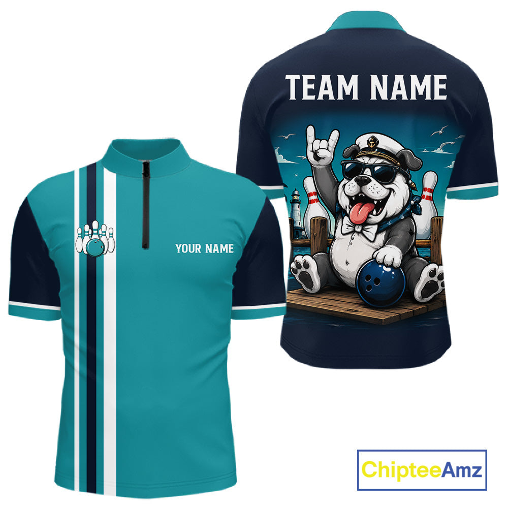 Funny Bulldog Men's Quarter-Zip Bowling Shirt, Personalized League Team Jersey