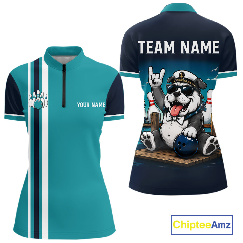 Funny Bulldog Women's Quarter-Zip Bowling Shirt, Personalized Custom Name Bowling Jersey, Tournament Apparel