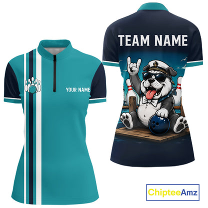Funny Bulldog Women's Quarter-Zip Bowling Shirt, Personalized Custom Name Bowling Jersey, Tournament Apparel