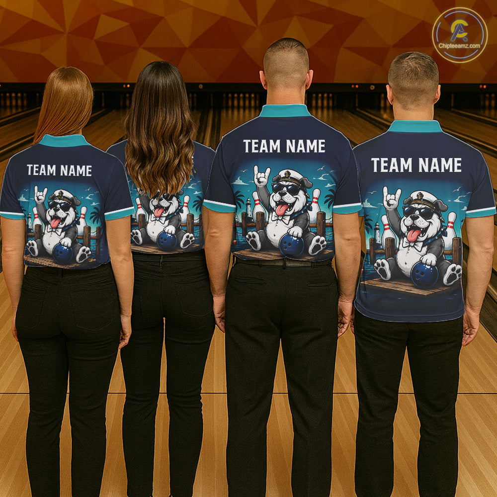 Bowling team wearing personalized Bulldog bowling uniforms, custom name jerseys, bowling league, pet lovers, teamwork, championship