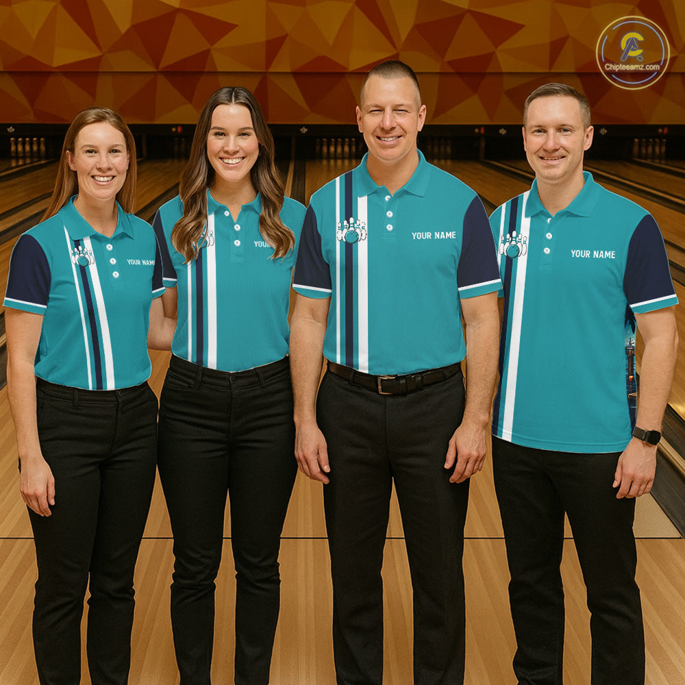 Bowling team wearing personalized Bulldog bowling uniforms, custom name jerseys, bowling league, pet lovers, teamwork, championship